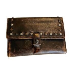 Patricia Nash Brown Distressed Leather Trifold Wallet with Mixed Metal Studs